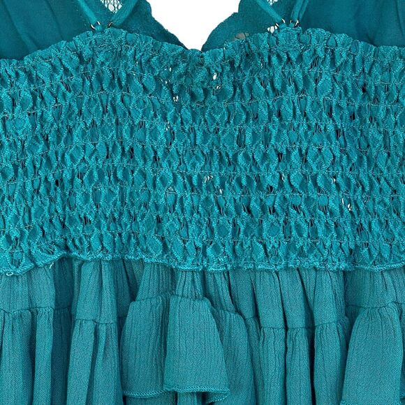 Free People Intimately X-Small Adella Cami Top Teal Ruffle Crochet Lace Smocked - Picture 4 of 8